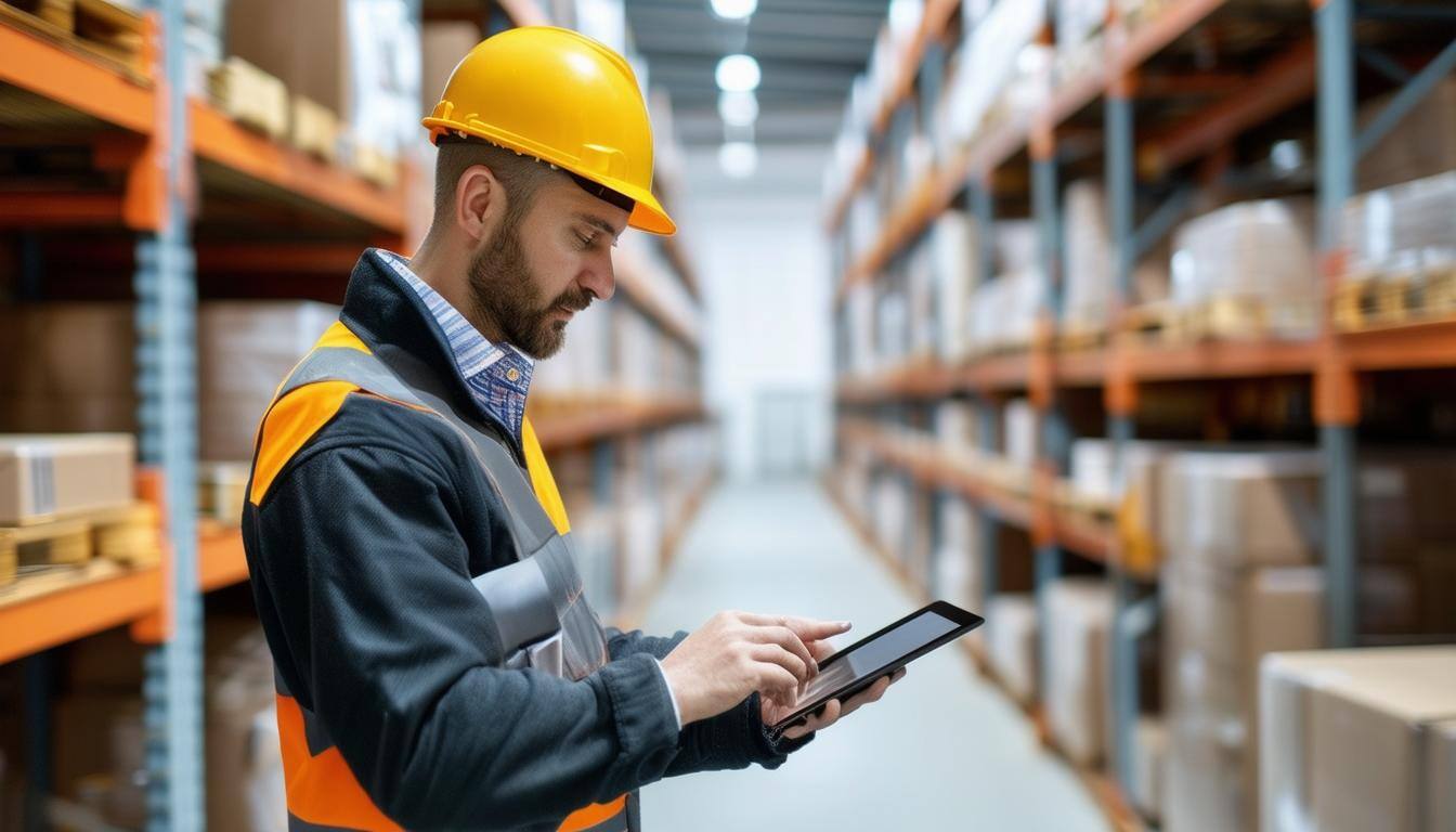 A manager from a warehouse looking on a tablet the inventories and making a new order to fill the empty racks