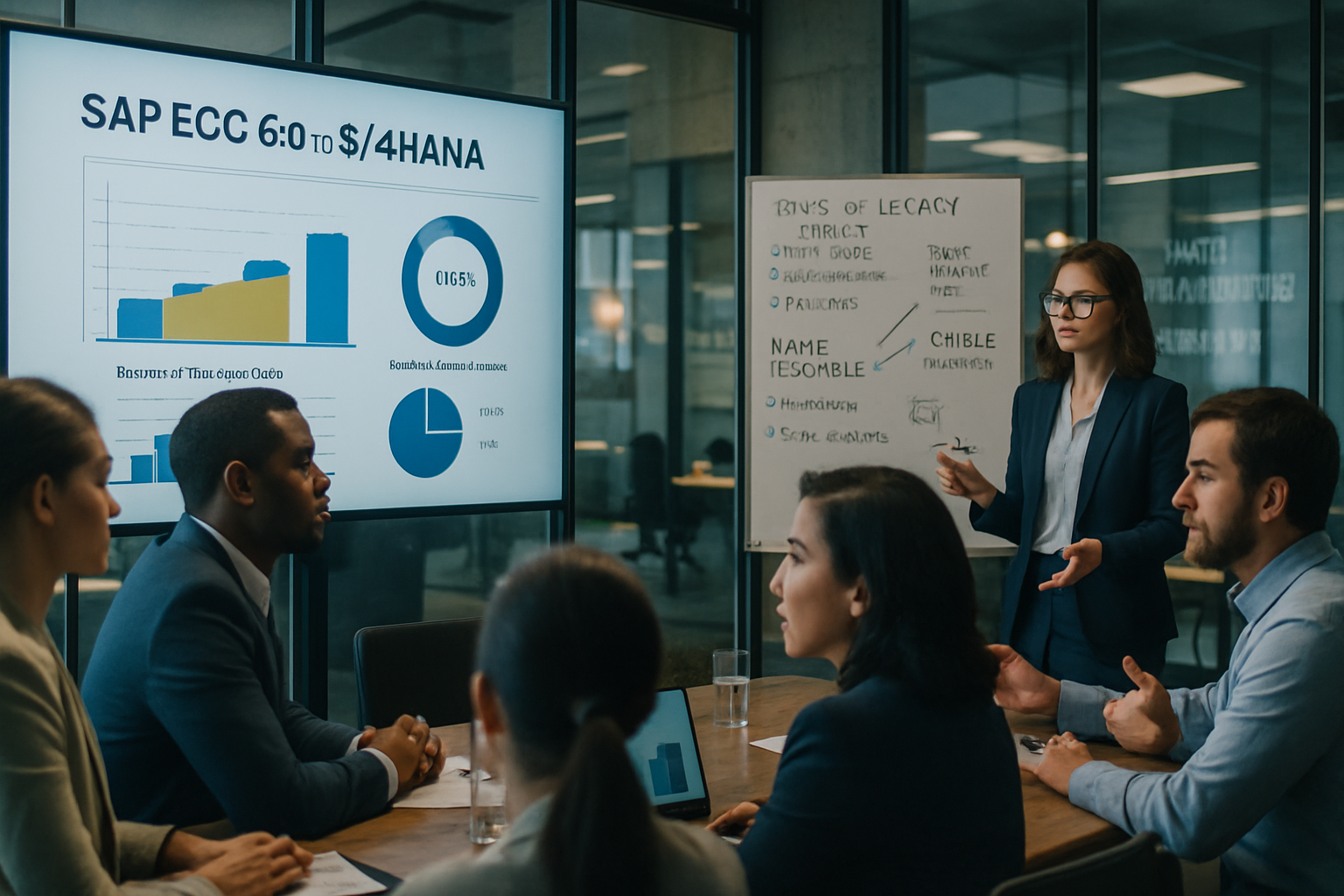 The image depicts a modern office environment filled with professionals engaged in discussions around a large conference table In the foreground a diverse group of individuals including men and women of various ethnicities are intently focused on a d