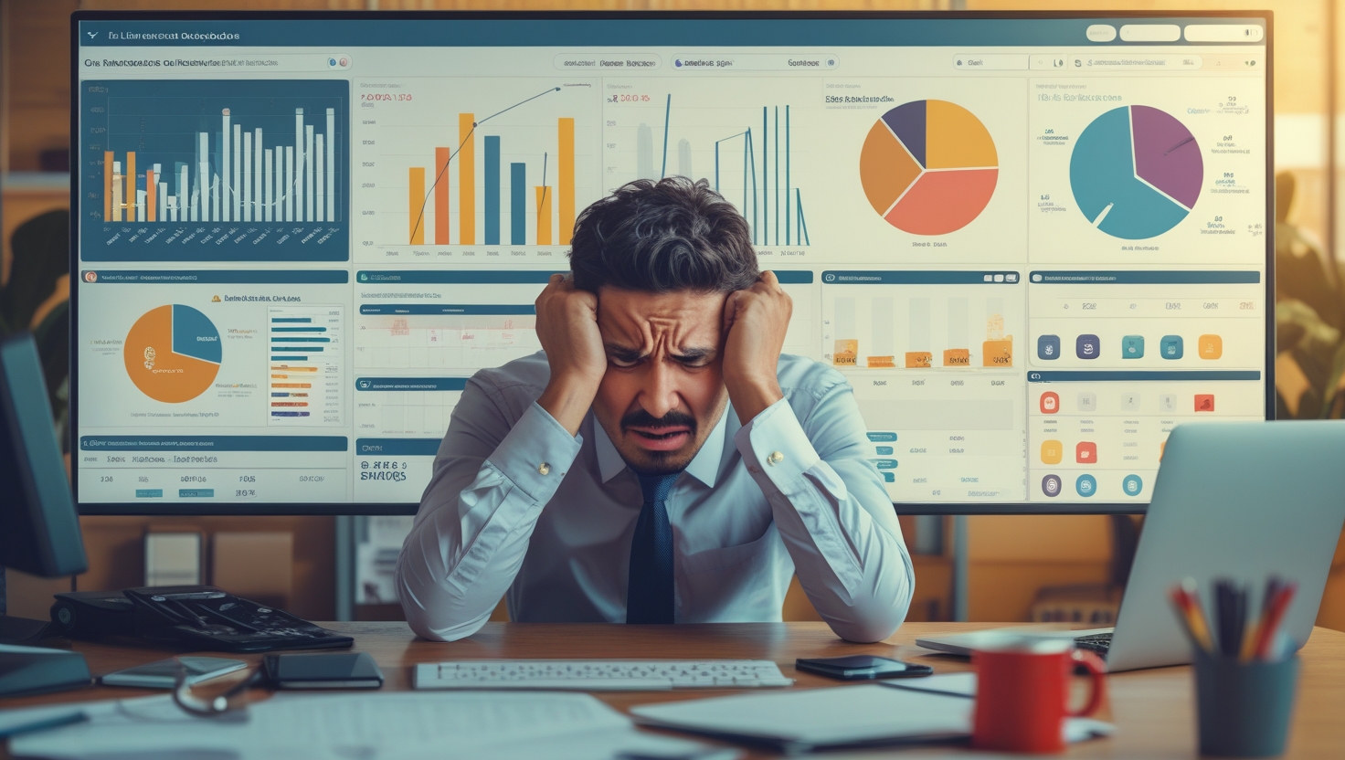 Un hombre de negocios latinoamericano, con expresión de estrés, se sienta frente a un monitor de computadora que muestra gráficos financieros y datos de trading, indicando presión laboral y preocupación por los mercados.