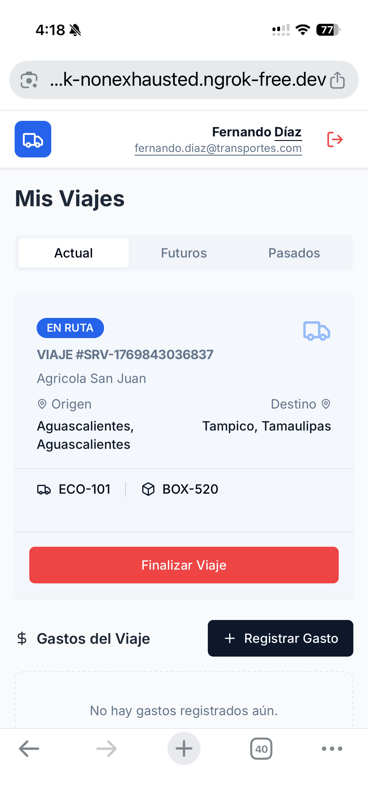 Pantalla Mis viajes del operador en ruta