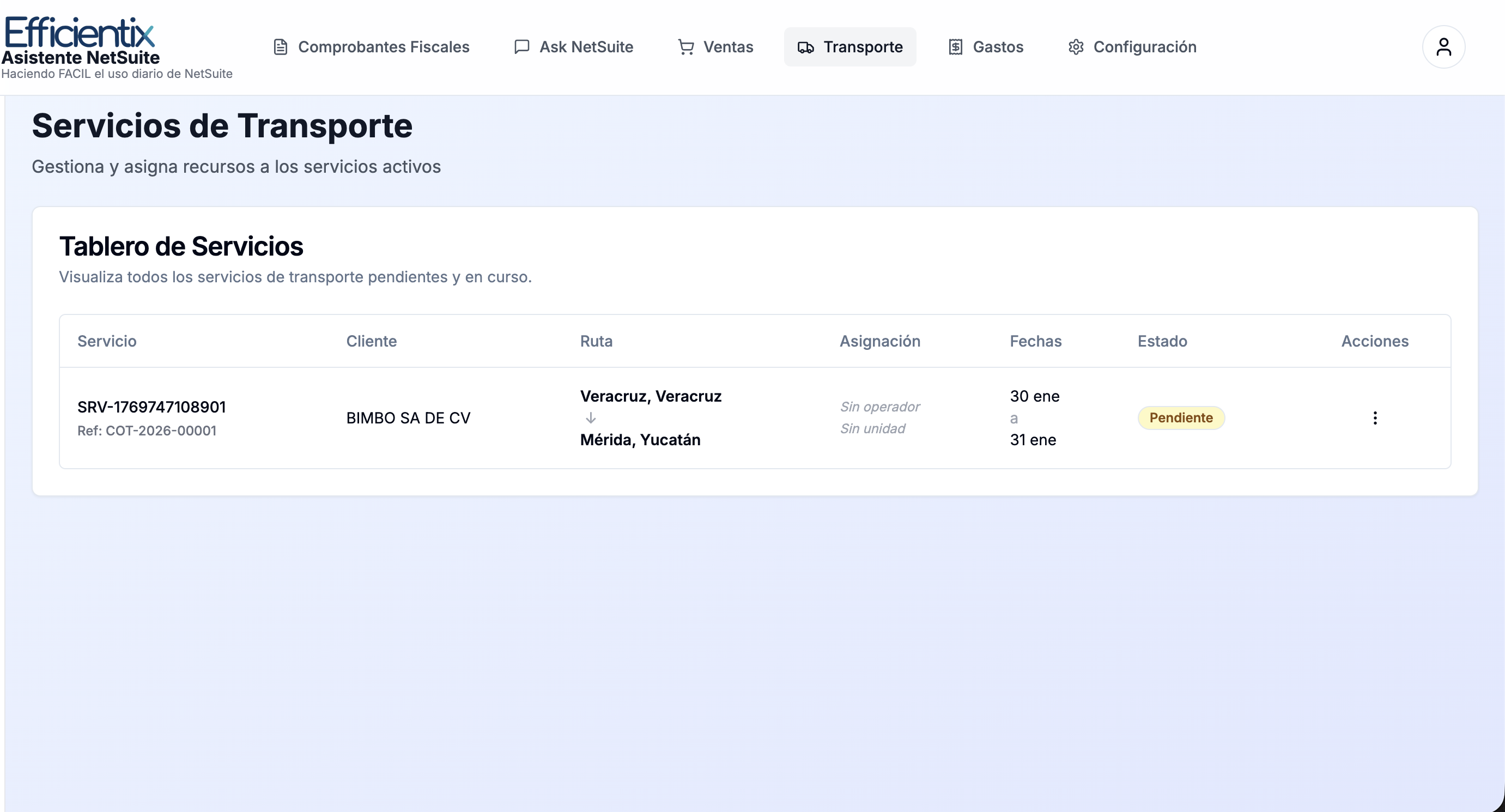 Tablero de servicios con viajes pendientes y en curso