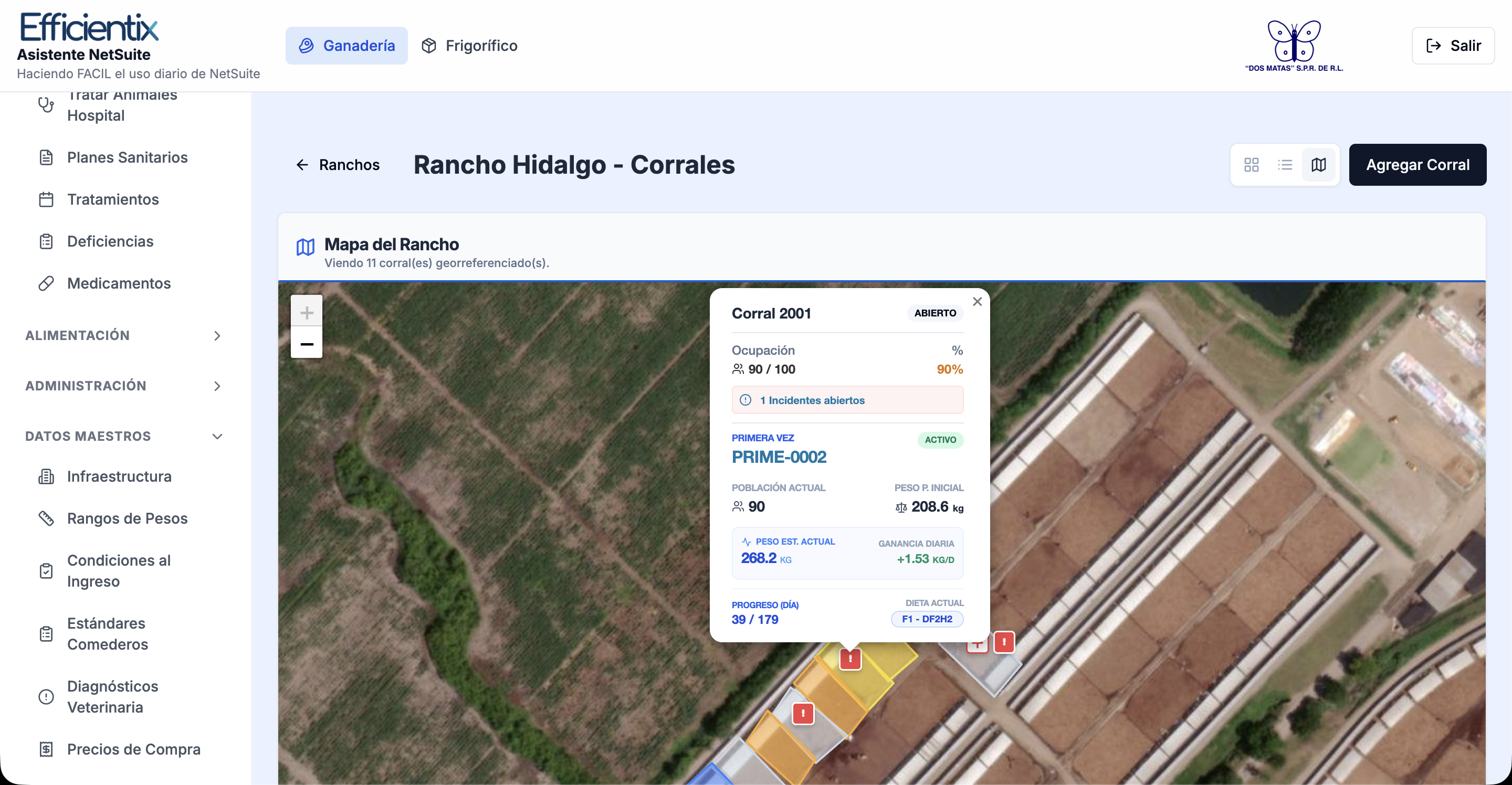 Ranch map with geo-referenced pens, occupancy and weight per pen in the Livestock App