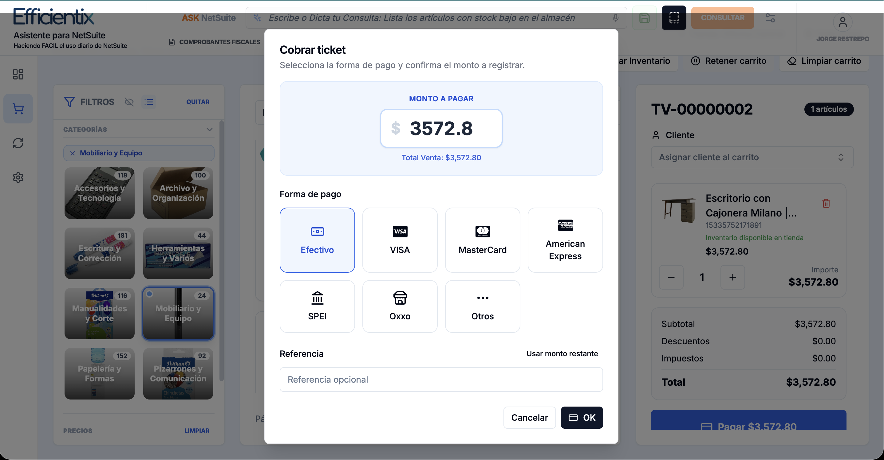 Ticket payment with breakdown by payment method